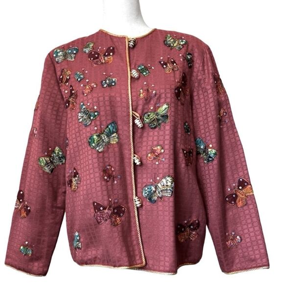 Alex Kim Pink Embroidered Jacket Butterfly Toggle Art Deco Cotton Pink SZ PM - Picture 1 of 16